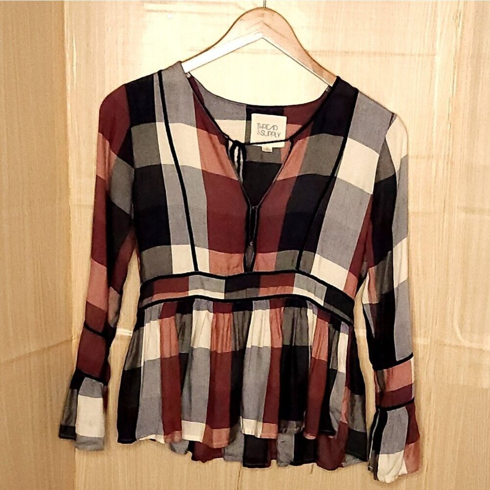 Thread & Supply Womens Purple Blue Plaid Bell Sleeve Blouse Small